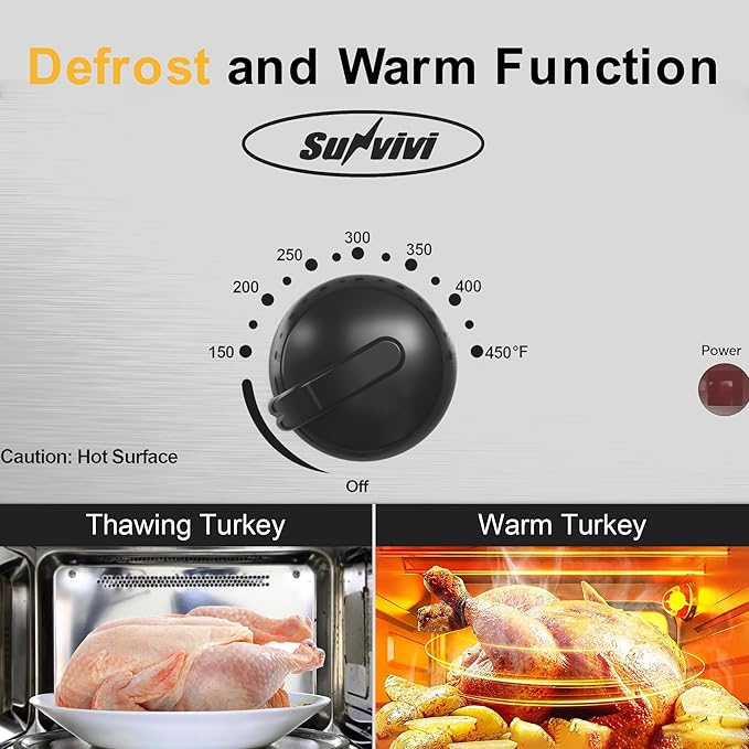 Sunvivi 14-Quart Electric Roaster Oven with Self-Basting Lid, Stainless Steel Turkey Roaster Oven with Rack, No Removable Pan, Easy to Clean, Silver
