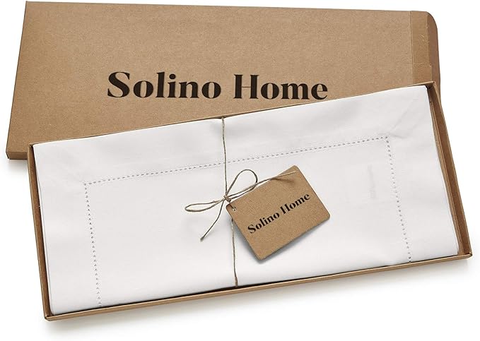 Solino Home White Table Runner 60 Inches - Cotton Linen Hemstitch Coffee Table Runner 14 x 60 Inch Ideal for Dresser Tables - Summer, Fall, Autumn, Halloween
