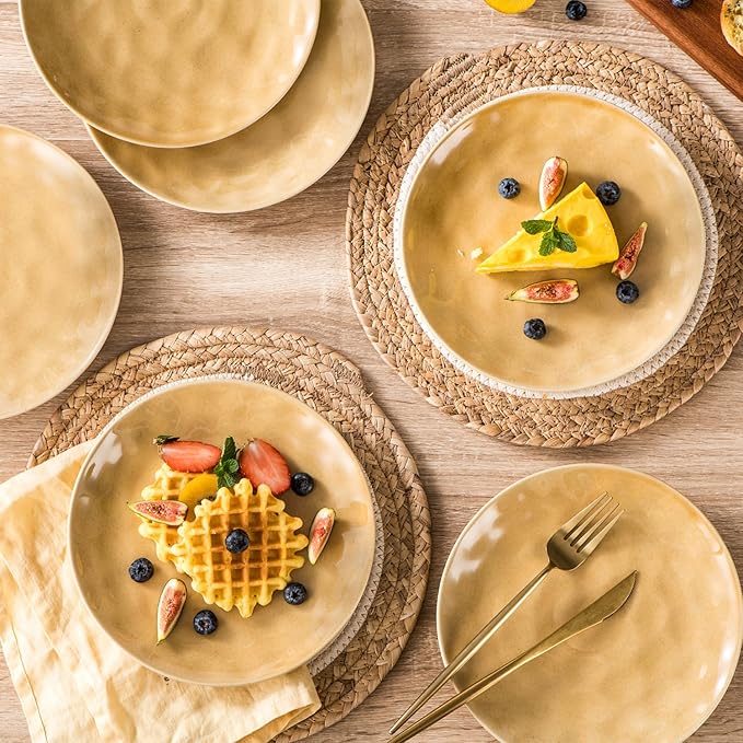 vicrays Ceramic Dessert Salad Plates, 8 Inch, Set of 6, Round, Microwave, Oven, and Dishwasher Safe, Scratch Resistant, Porcelain Fluted Suitable for Snacks, Appetizer, Home, Restaurant (Yellow)