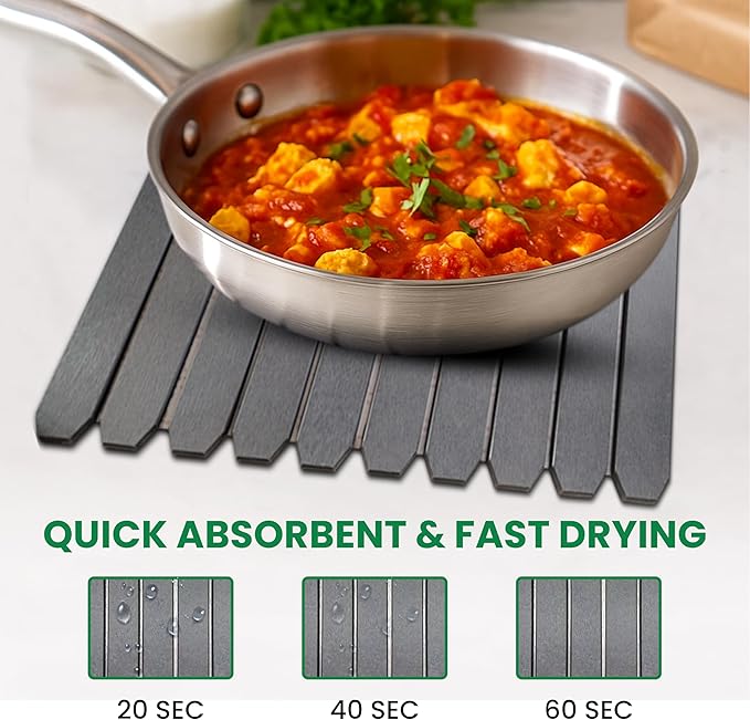 Large Stone Dish Drying Mat – Foldable Placemat Made with Diatomaceous Earth – Super Absorbent Drying Mat for Kitchen Counter – Modern Kitchen Essentials For Dishes, Bottles & More – 24"x16"