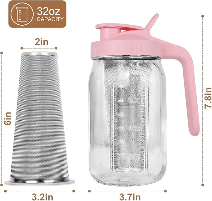 Cold Brew Coffee Maker,32 oz Mason Jar Pitcher with Stainless Steel Filter, Pour Spout Handle Lid, Heavy Duty Glass Airtight & Leak-Proof Pitcher for iced coffee Tea Breastmilk Lemonade-Pink