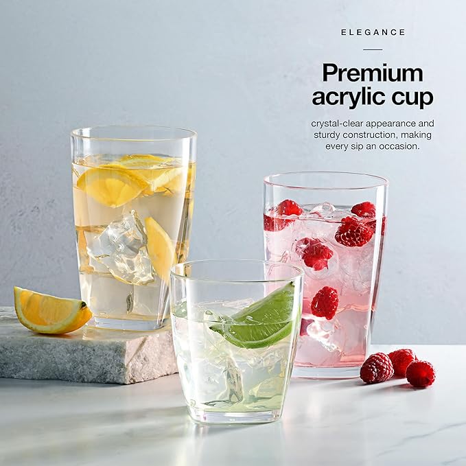 Glaver's Acrylic Drinking Glasses Set of 8 Reusable Modern Drinkware Set, 17 oz. Highball Glasses, 12 oz Whiskey Glass Cups.Unbreakable Square Glassware for Water Juice Cocktails