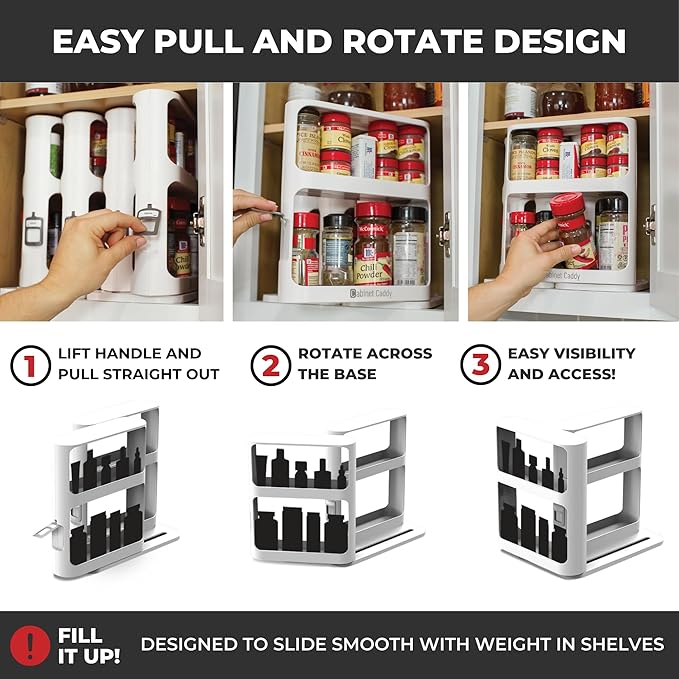 Cabinet Caddy Spice Rack Organizer for Cabinet - Slide & Rotate Kitchen Organizers and Storage - 2 Double-Decker Shelves - Non-Skid Base - Magnetic Modular Design - 10.8" H x 5.25" W x 10.8" D