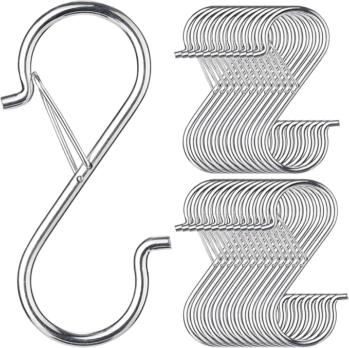 48 PCS S Hooks for Hanging with Safety Buckle, 3.5 inch Heavy Duty Metal S Shaped Hooks Stainless Steel for Hanging Kitchen Utensil, Cups, Pots, Plants, Bags, Hats (Silver)