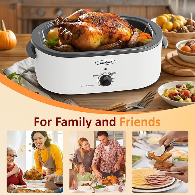 Sunvivi 20-Quart Roaster Oven with Self-Basting Lid, Electric Turkey Roaster Oven with Removable Pan and Rack, Stainless Steel, White