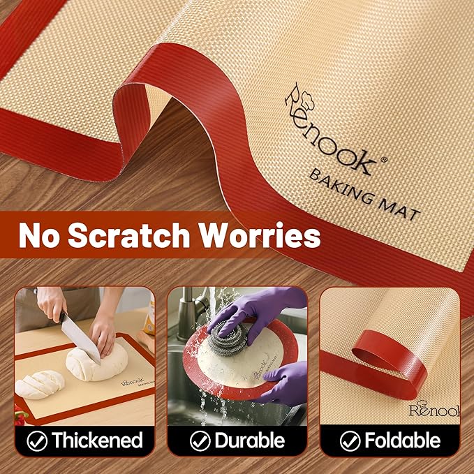 Silicone Baking Mat, 5 Pcs Grade Food Non-Stick Reusable Baking Mat, Slip Oven Liner Sheet, Round & Square Cake Pan Mat & Silicone Brush for Macaron, Pastry, Cookie