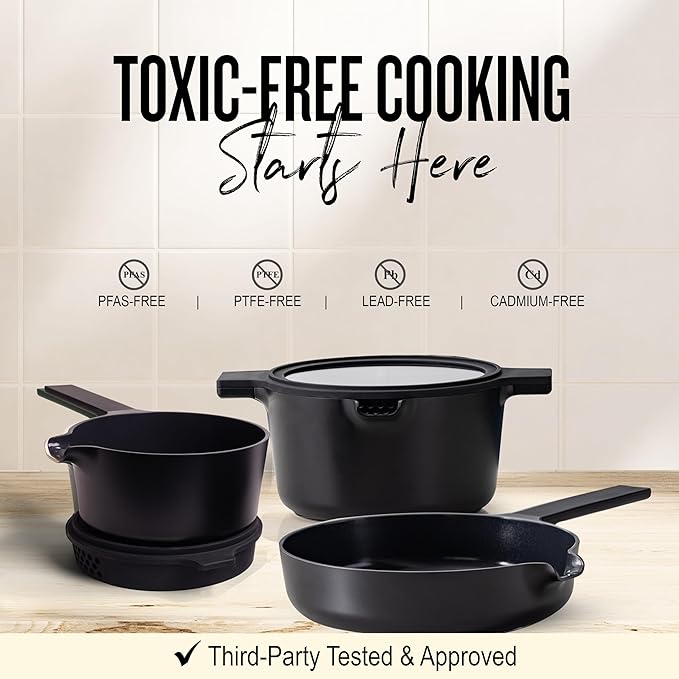 Alva Neat 5-Piece Nesting Cookware Set – Stackable Nonstick Pots & Pans with Universal Lids, Space-Saving Design for Apartments, RVs & Compact Storage - Save 50% Cabinet Space