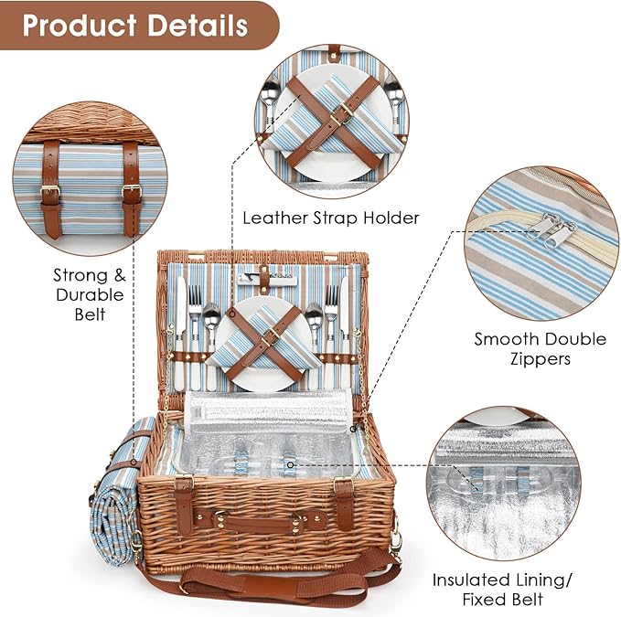 Picnic Cooler Basket Set for 2 Persons with Large Waterproof Picnic Blanket, Cutlery Service Kit and Adjustable Strap