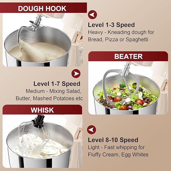 10-Speed Stand Mixer with 8-in-1 Splash Guard, Tilt-Head, 6QT Stainless Steel Bowl + Dishwasher-Safe Dough Hook/Whisk/Beater/Spatula for Baking Bread, Cakes, Cookies, Beige