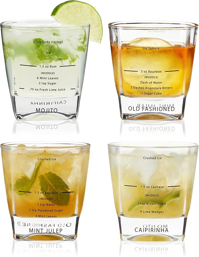 TRUE Cocktail Rocks Glasses with Recipes for Old Fashioned, Mojito, Mint Julep & Caipirinha, Old Fashioned Glasses, Bar Glassware, 8.5 oz, Set of 4