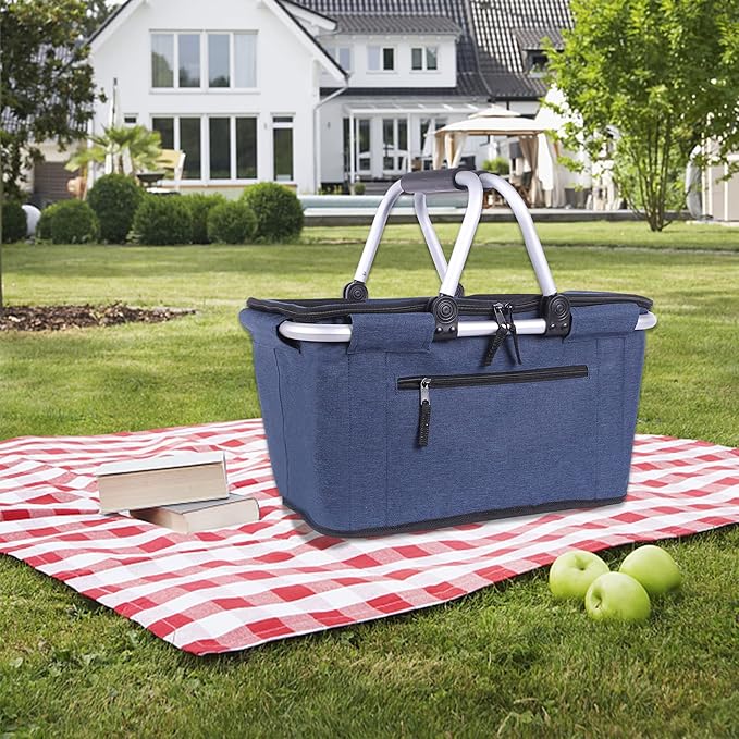 Picnic Basket, SIYUAN Collapsible Shopping Basket with Lid 27L Large Market Basket with Handles Reusable Folding Grocery Basket Insulated Cooler Bag for Picnic Travel, Blue