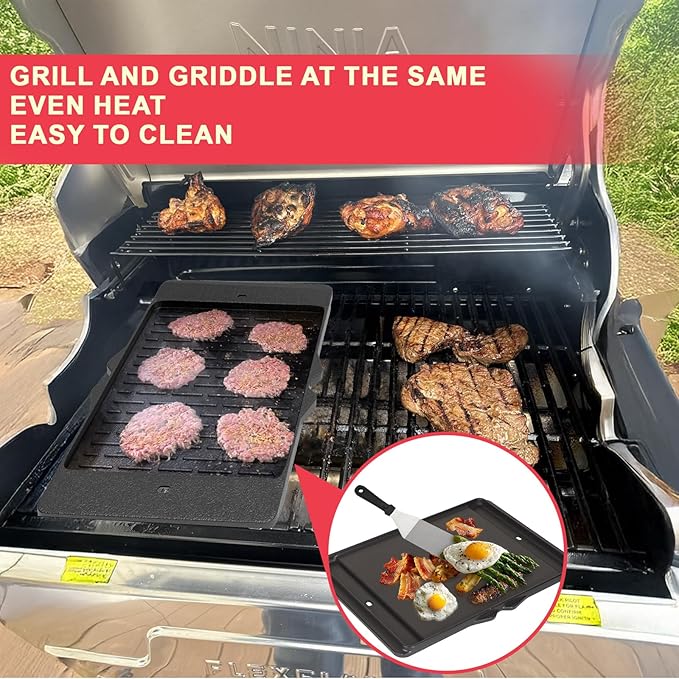 FlexFlame Cast Iron Reversible Griddle for Ninja Grills, Upgrade Flat Top Griddle Plate for Ninja PG300 Outdoor Grill Accessories Compatible with Flexflame Grill Accessories XSKHLFGRIDLE 17''L x 12''W