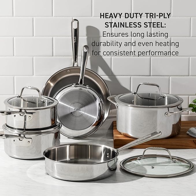 T-fal Pro Tri-Ply Stainless Steel Fry Pan 8 Inch, Induction Compatible, Oven Safe 500F, Fast & Even Heat, Professional Quality & Durability, Frying Pan, Skillet, Cookware, Dishwasher Safe, Silver