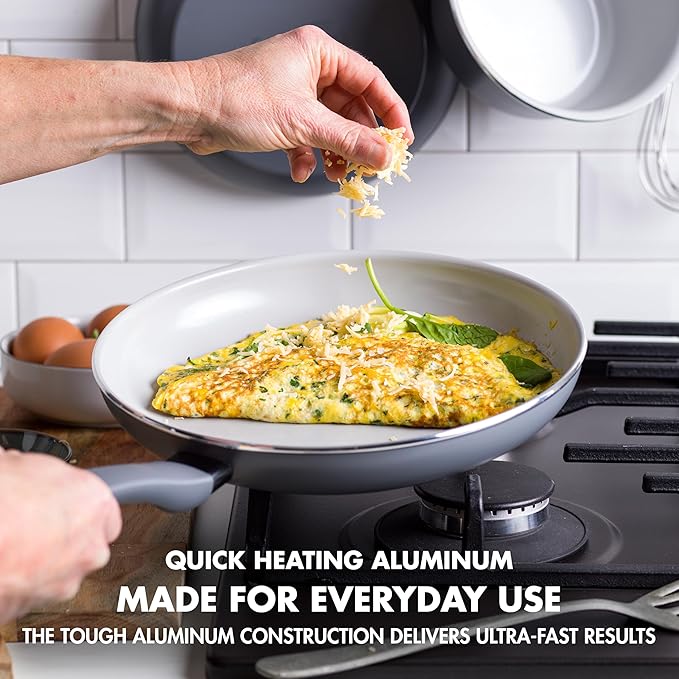 GreenPan Dover 8" and 10" Frying Pan Skillet Set, Healthy Ceramic Nonstick Coating, PFAS-Free, Dishwasher Safe, Comfort Grip Handle, Gray