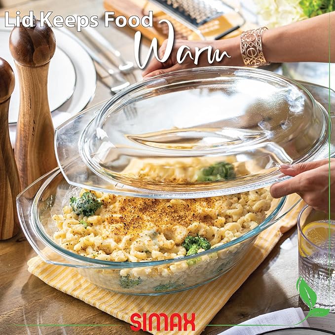 Simax Clear Oval Shaped Glass Casserole with Tight Fitting Lid – Heat, Cold and Shock Proof – Made in Europe – Oven, Freezer and Dishwasher Safe – 3 Quart (Plus 1.4 Quart Lid) Glass Baking Dish