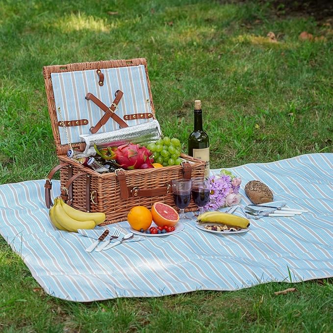 Picnic Cooler Basket Set for 2 Persons with Large Waterproof Picnic Blanket, Cutlery Service Kit and Adjustable Strap