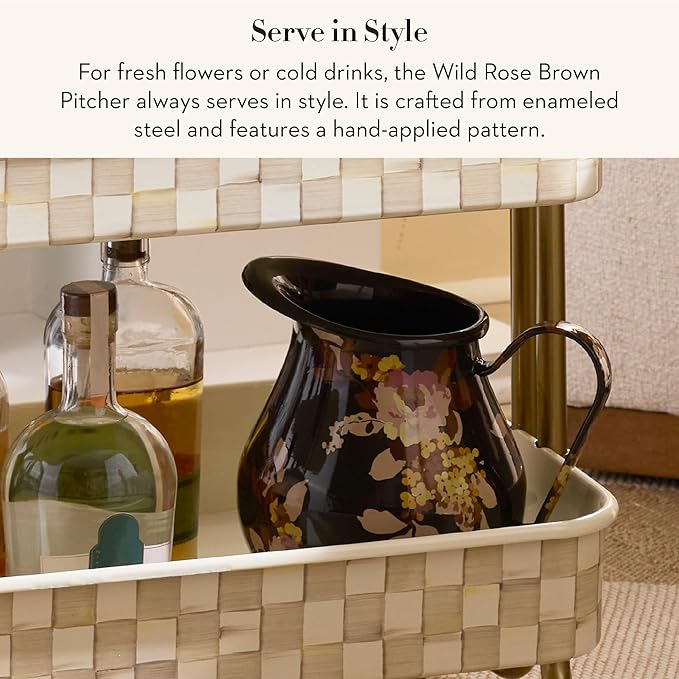 MACKENZIE-CHILDS Enamel Pitcher with Spout, Cute Water Pitcher, 3 Quarts, Wild Rose Brown