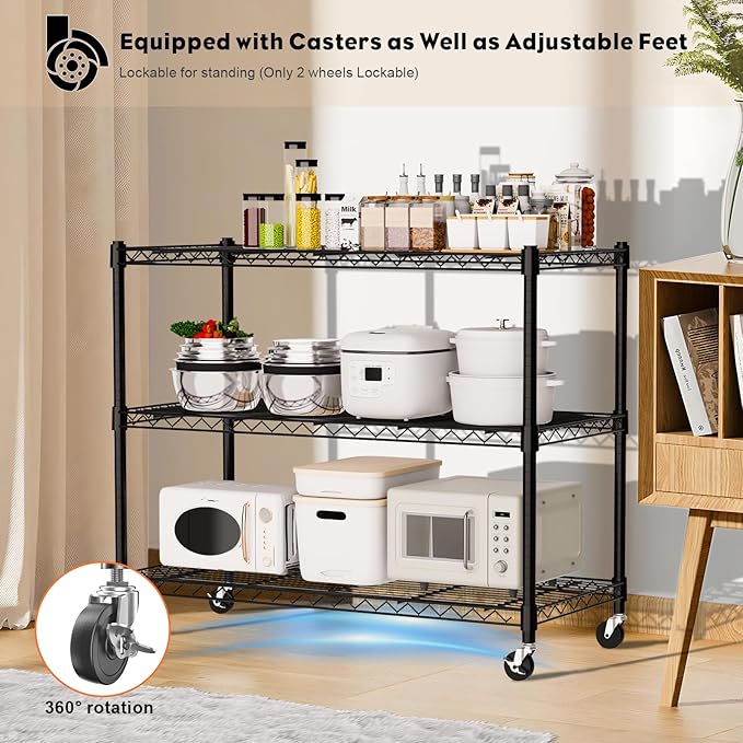 3 Tier Storage Shelves with Wheels Wide Wire Shelving Unit 39.37" H Tall, 350lbs per Shelf Metal Shelves for Storage Sturdy Heavy Duty Shelving Deep Pantry Shelves Storage Rack