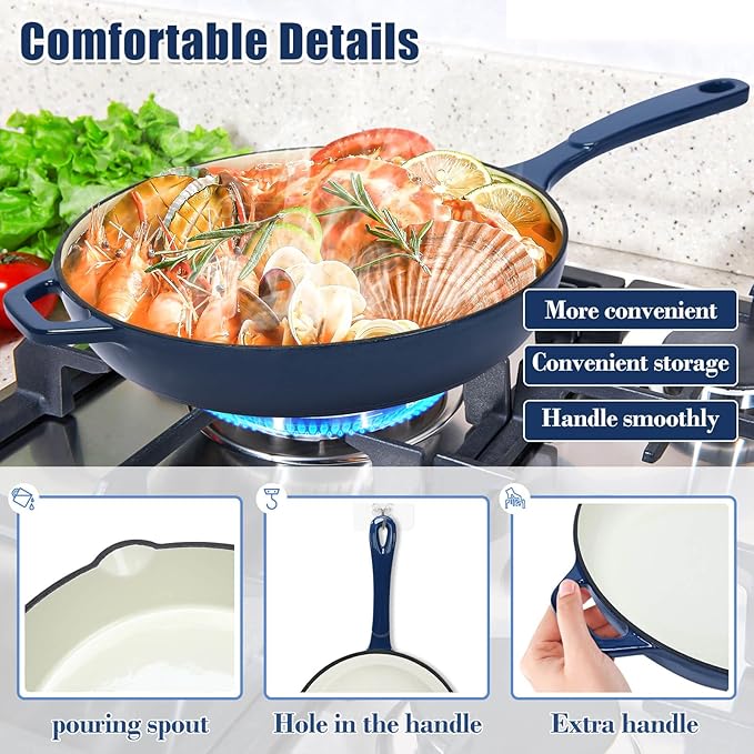 Hisencn Enameled Cast Iron Skillet Set - 3 Piece Ceramic Coated Fry Pan Set(8'',9.5'' 11''), PFAS/PTFE/PFOA Free, Oven & Induction Safe, Navy Blue Cookware for Gas/Electric Stovetop