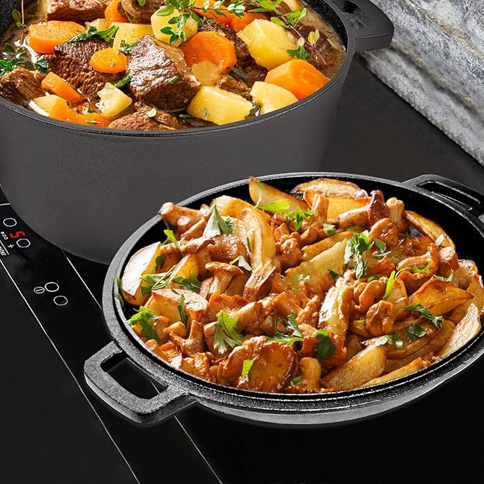 2-in-1 Dutch Oven,Cast Iron Dutch Ovens,Dutch Oven Pot,5.5 Quart Cast Iron Pots,Pre-Seasoned Dutch Oven with Pans Set,All-in-One Cookware Set for camping lodge or RV