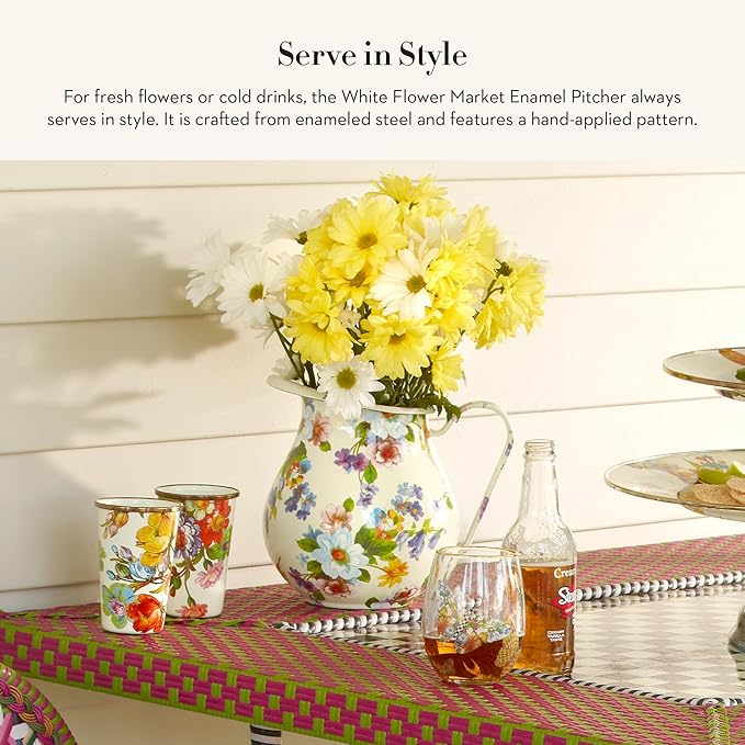 MACKENZIE-CHILDS Enamel Pitcher with Spout for Water, Cut Flowers, and Home Decor, 3 Quarts, White Flower Market