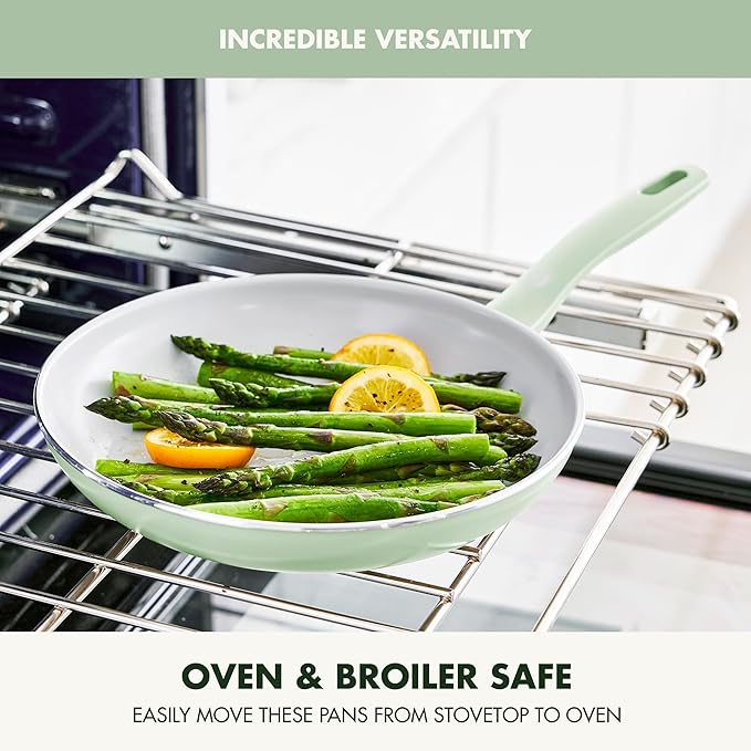 GreenPan Dover 8” & 10” 2 Piece Frying Pan Skillet Set, Non-Toxic PFAS-Free Ceramic Nonstick Coating, Sear Saute Fry Egg Omlete, Dishwasher & Oven Safe, Stay Cool Handle, Easy Pour Rims, Pastel Green