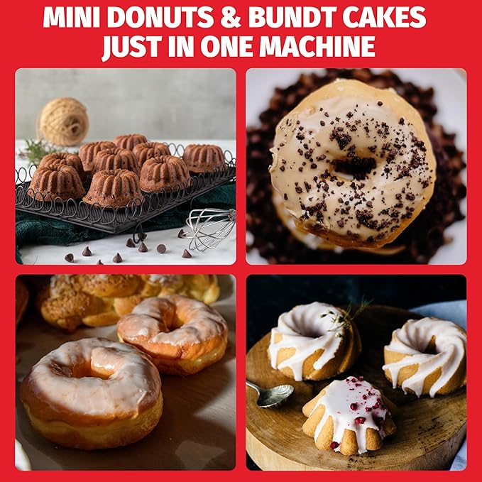 Mini Donut Maker Machine, Electric Mini Bundt Cake Pan, Bake 6 Bundt Doughnuts with 3 Shapes, Excellent for Breakfast, Snacks, Desserts & More