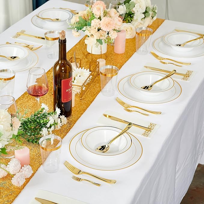 JOLLY PARTY 50PCS Plastic Bowls with Gold Rim-12oz disposable Soup Bowls, Christmas Thanksgiving Premium Dessert Salad Bowl for Wedding/Party