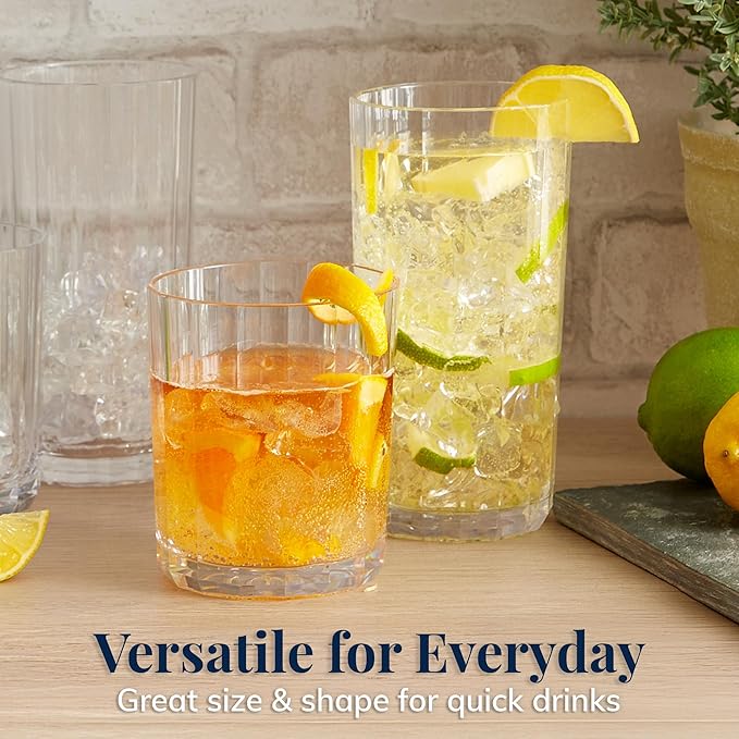 US Acrylic Faceted Clear Plastic Reusable Drinking Glasses (Set of 8) 14oz Rocks & 18oz Water Cups | BPA-Free Tumblers, Made in USA | Top-Rack Dishwasher Safe