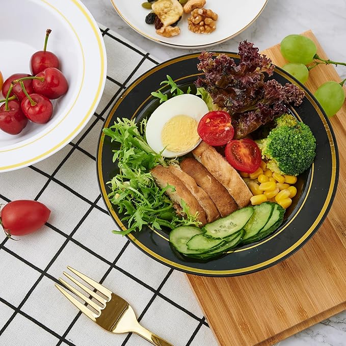 JOLLY PARTY 100PCS Black Plastic Bowls with Gold Rim-12oz Disposable Soup Bowls, Christmas Thanksgiving Premium Dessert Salad Bowls for Wedding/Party/Halloween