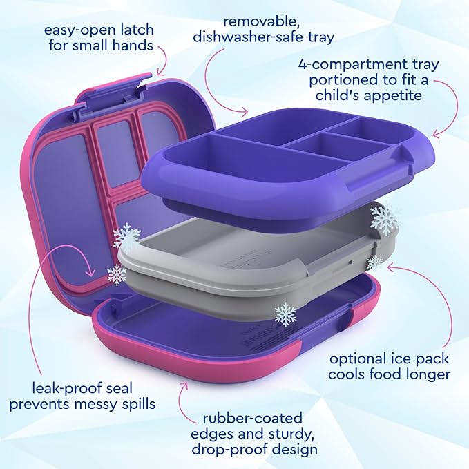 Bentgo Chill Kids Leak-Proof Lunch Box - 4-Compartment Bento Box with Built-In Ice Pack, 3.3 Cup Capacity, PFAS & BPA-Free, Microwave & Dishwasher Safe, Ideal Size for Ages 3 to 7 (Electric Violet)