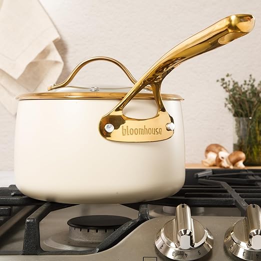 bloomhouse 3 Quart Heavy Duty Aluminum Premium PFA Free Ceramic Nonstick Saucepan with Lid - Almond Cream w/Gold Handle