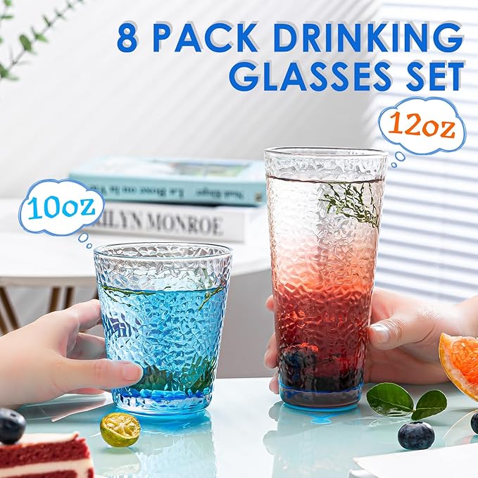 Drinking Glasses, 8 Piece Glass Cups, Colored Mixed Glassware Set, 4 pcs Crystal 12oz Highballs and 4 pcs 10oz Rocks Glasses, Great for Cocktail, Whisky and other Beveragesc (Light BLUE)
