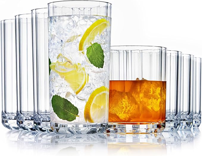 US Acrylic Faceted Clear Plastic Reusable Drinking Glasses (Set of 8) 14oz Rocks & 18oz Water Cups | BPA-Free Tumblers, Made in USA | Top-Rack Dishwasher Safe