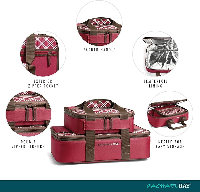Rachael Ray Lugger Duo, Insulated Casserole Carrier for Hot or Cold Food, Thermal Lasanga Lugger Tote for Pockluck, Parties, Picnic, and Cookouts, Fits 9" x 13" Baking Dish, Burgundy