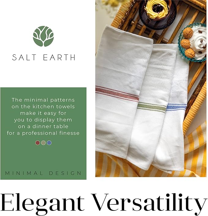 Salt Earth Kitchen Towels Cotton Dish Towel Size 24x14 Inches Set of 4 100% Ring Spun Cotton Absorbent Quick Dry Herringbone Weave Lint Free Washable Dishcloth Hanging Loop Color White & Green Stripe