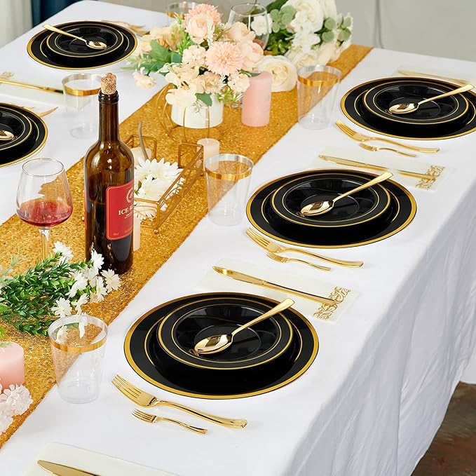 JOLLY PARTY 100PCS Black Plastic Bowls with Gold Rim-12oz Disposable Soup Bowls, Christmas Thanksgiving Premium Dessert Salad Bowls for Wedding/Party/Halloween