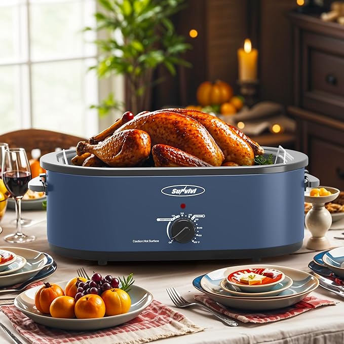 Sunvivi 18-Quart Roaster Oven with Self-Basting Lid, Electric Turkey Roaster Oven with Removable Pan and Rack, Stainless Steel, Blue
