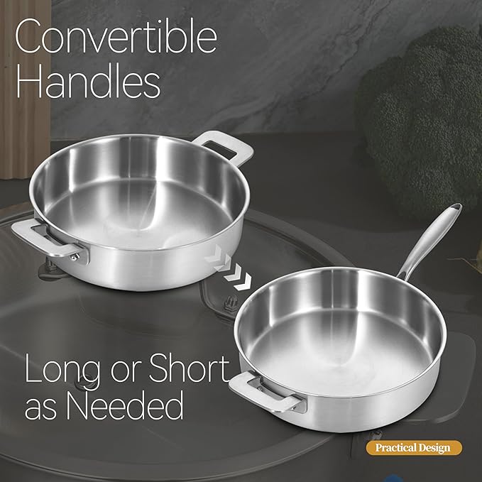 LOLYKITCH 8.5-10 Inch Tri-Ply Stainless Steel Frying Pans and 12 Inch Sauté Pan with Lid,Induction Cookware Set,Multipurpose and Detachable Handle,Dishwasher and Oven Safe