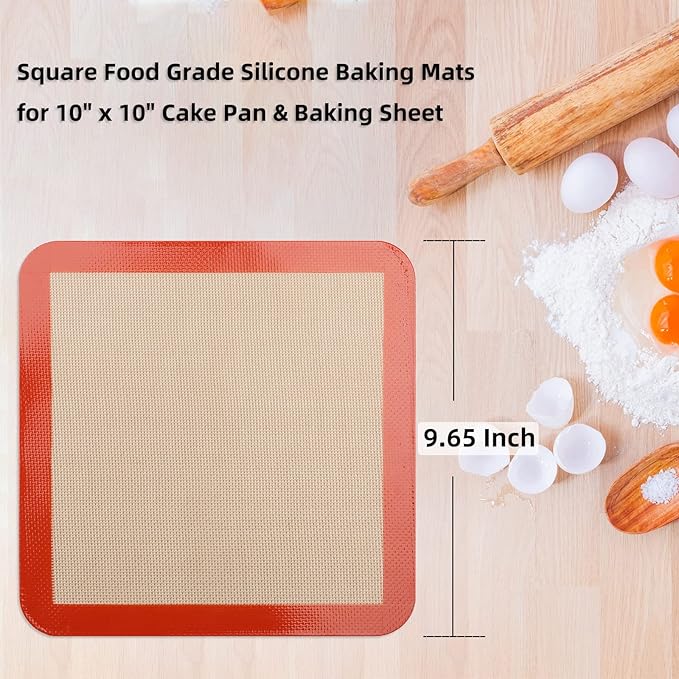 Square Silicone Baking Mats for 10 Inch Cake Pan, 9.65"Square Food Grade Silicone Mat for Baking Sheet for Cake/Pastry/Toast/Pie, Non-Stick Reusable Baking Mat for 10x10 Air Fryer/Cake Pan/Oven