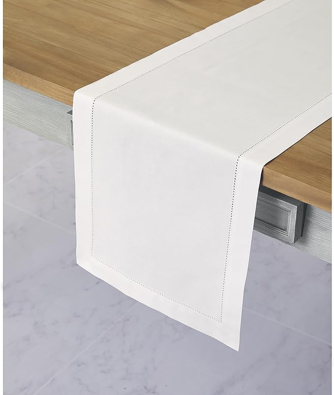 Solino Home White Table Runner 48 Inches - Cotton Linen Hemstitch Coffee Table Runner 14 x 48 Inch Ideal for Dresser Tables - Summer, Fall, Autumn, Halloween