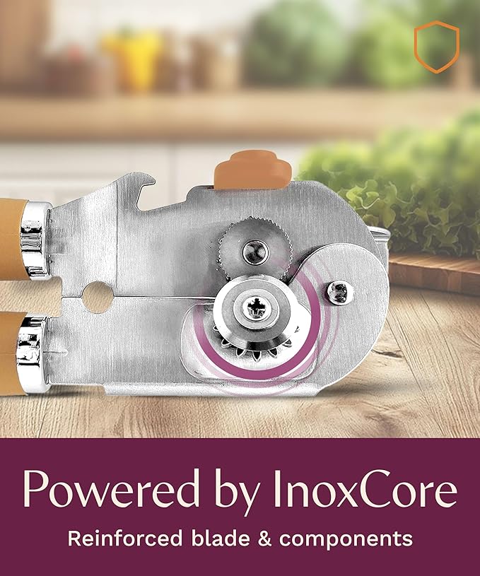 Premium Multifunctional Magnetic Manual Can Opener and Bottle Opener, Heavy Duty Stainless Steel Sharp Cutting Blade and Oversized Easy Turn Knob, Soft-Touch Handle, Kitchen Use, Orange