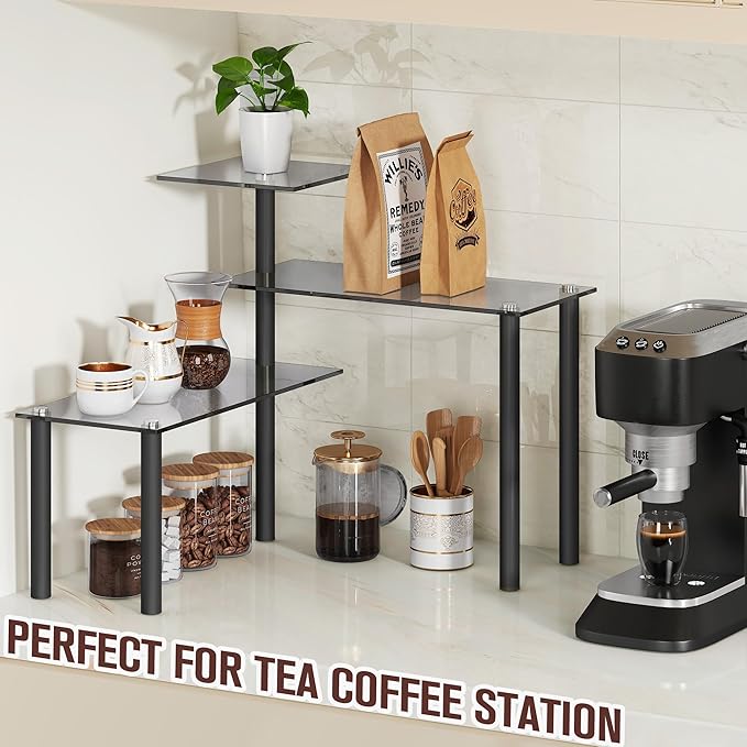 FAVOOSTY Kitchen Counter Shelf, 3 Tier Bathroom Countertop Organizer Moveable Corner Shelf, Tempered Glass Storage Shelf, Space Saving Makeup Organizer Spice Rack Plant Shelf Coffee Bar Dresser Table
