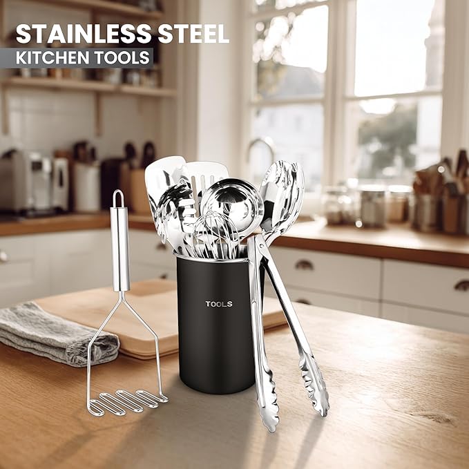 Avador® Premium Set of 10 Stainless Steel (BLACK HOLDER) Kitchen Tool Set with Holder Easy To Clean, Space Saving, Great for Cooking, Baking, Prepping (BLACK)