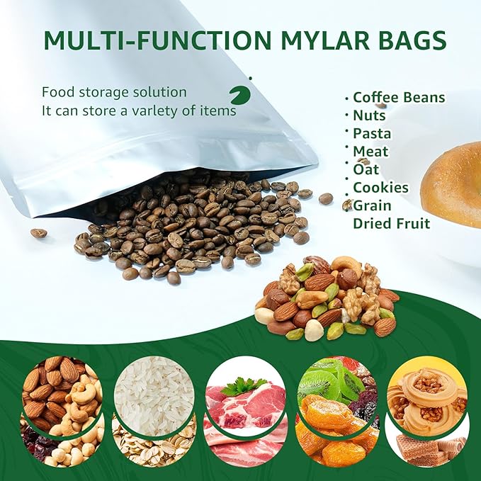 50pcs 1 Quart Mylar Bags for Food Storage 6x9 Stand Up Heat Sealable Foil Pouches, Resealable Smell Proof Freeze Dryer Bags for Long-Term Food Storage