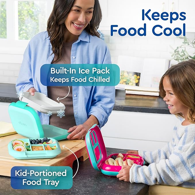 Bentgo Chill Kids Leak-Proof Lunch Box - 4-Compartment Bento Box with Built-In Ice Pack, 3.3 Cup Capacity, PFAS & BPA-Free, Microwave & Dishwasher Safe, Ideal Size for Ages 3 to 7 (Aqua)