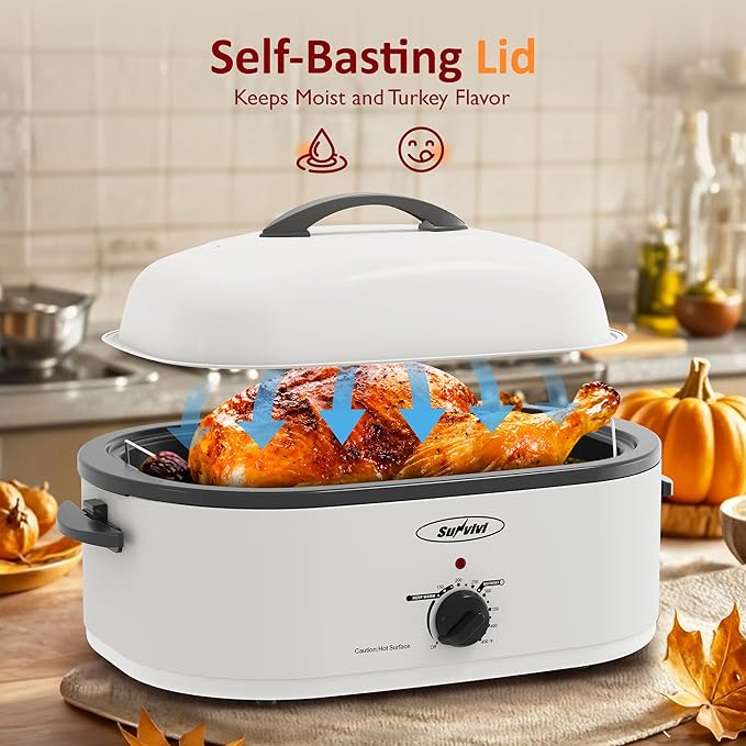 Sunvivi 18-Quart Roaster Oven with Self-Basting Lid, Electric Turkey Roaster Oven with Removable Pan and Rack, Stainless Steel, White