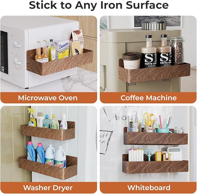 Magnetic Spice Rack for Refrigerator, Kitchen Organizer and Storage Shelf, Wood Red (4 Pack)…