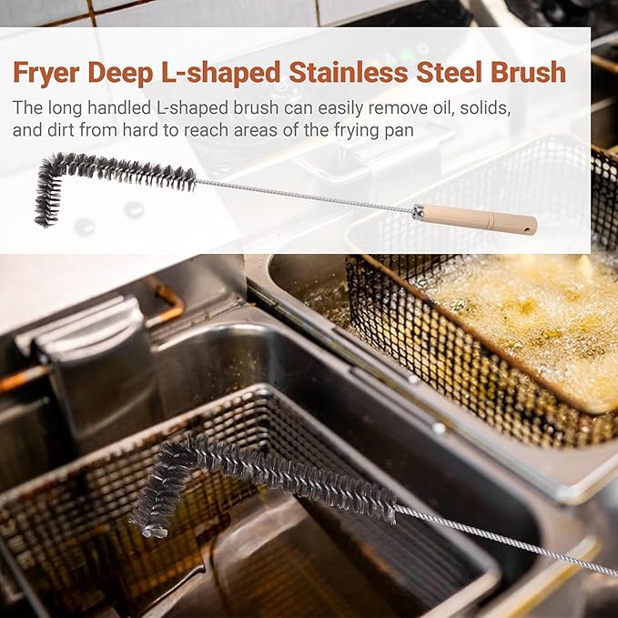 4 PCS Fryer Cleaning Tools with Deep Fryer Stainless Steel L-Shaped Brush, Deep Fryer Crumb Scoop, Deep Fryer Cleanout Rod, Long Handle Deep Basket Brush for Restaurants, Air Fryers, Deep Fat Fryers
