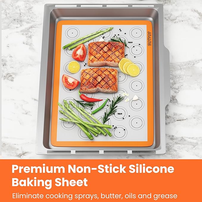 HOTPOP 2-Pack Silicone Baking Sheet Set - No-Stick Cookie Sheets for Baking with Outlined Silicone Mats for Macarons, Pastries, Buns, Bread - 16.5"x11.6" Half, 11.5"x8.5" Quarter Sizes - 0.75mm Thick